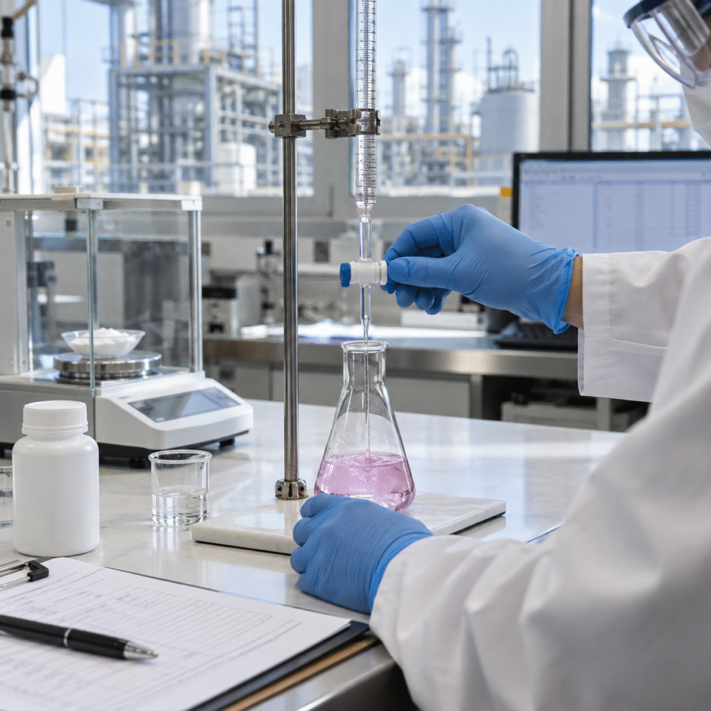 Quality control analyst performing permanganate titration for oxalic acid assay in an industrial laboratory