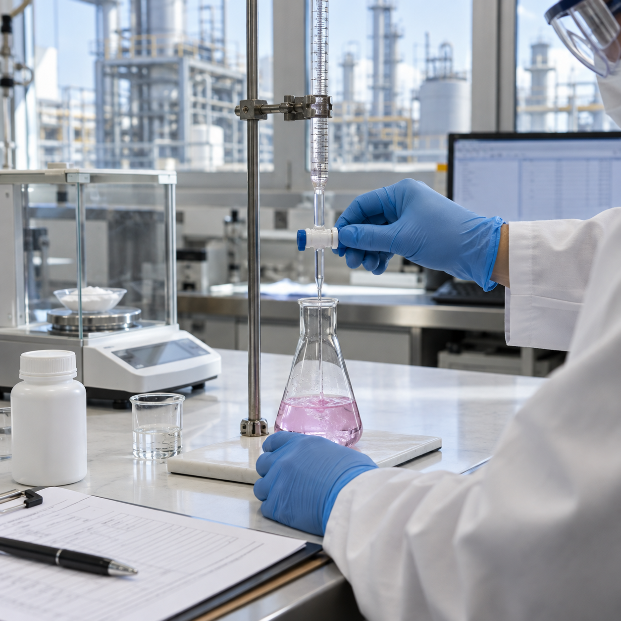 Quality control analyst performing permanganate titration for oxalic acid assay in an industrial laboratory