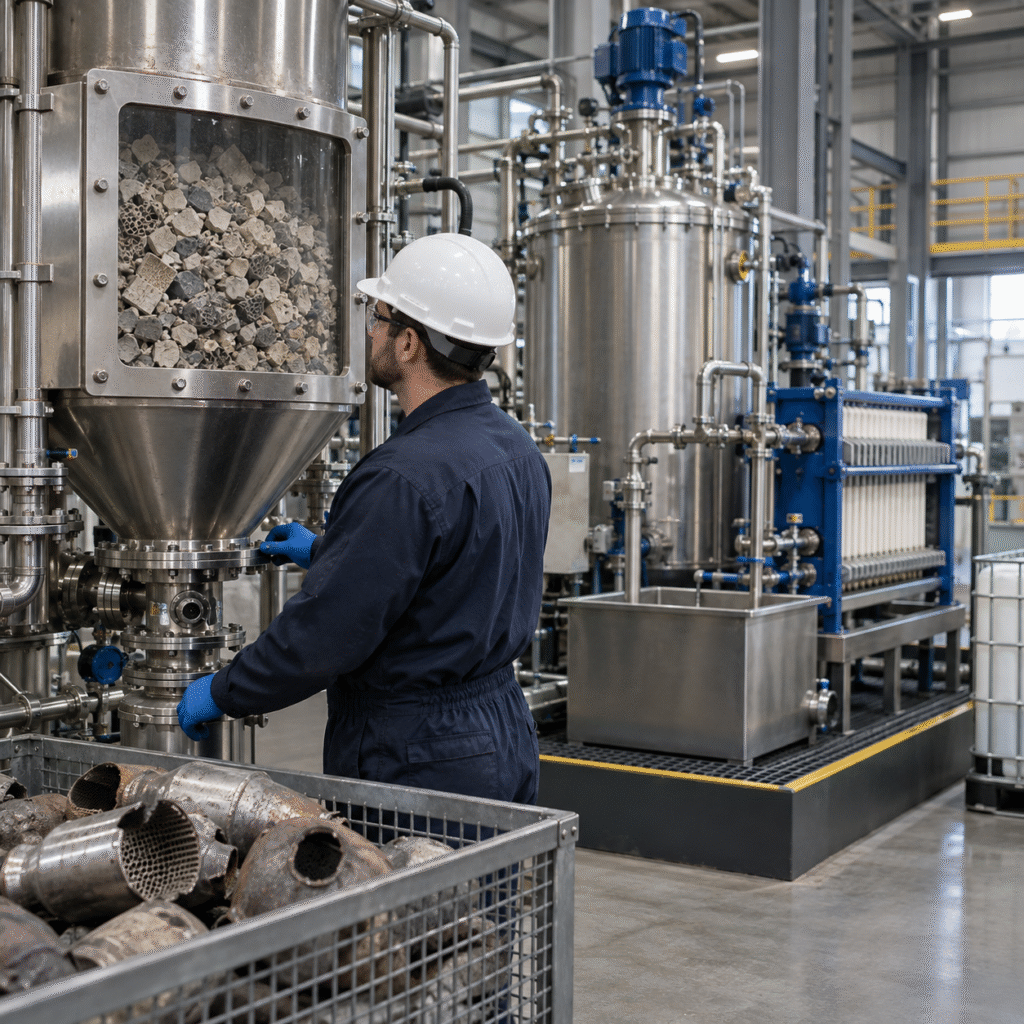 Closed pilot plant evaluating oxalic acid pretreatment for spent automotive catalyst recycling