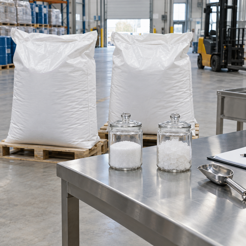 Unbranded oxalic acid crystal samples and sealed industrial bags in a clean receiving warehouse