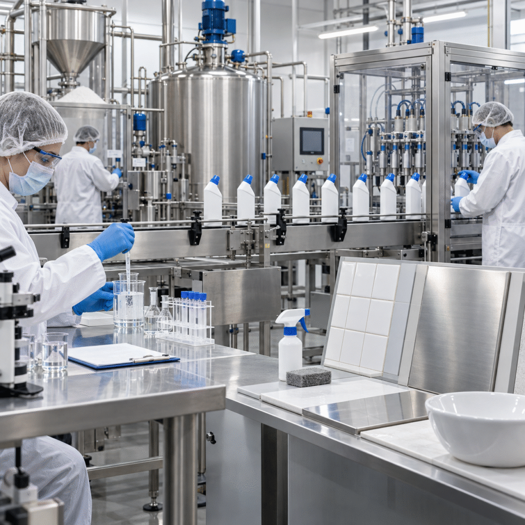 Oxalic acid hard-surface cleaner manufacturing line with closed mixing and compatibility testing