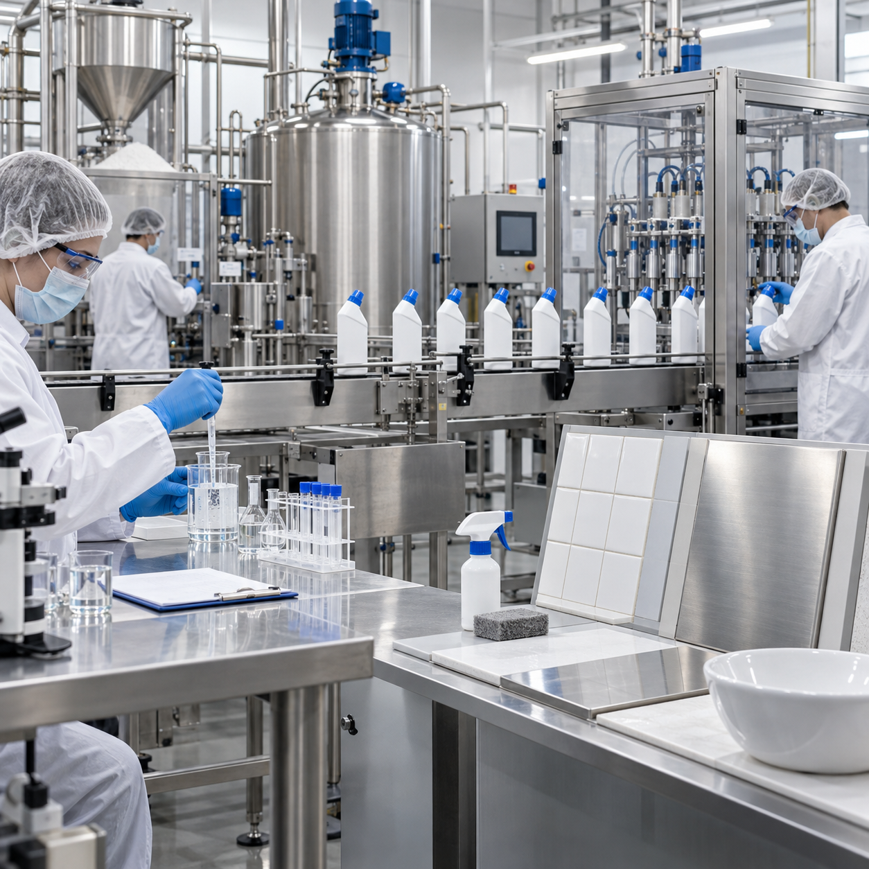 Oxalic acid hard-surface cleaner manufacturing line with closed mixing and compatibility testing