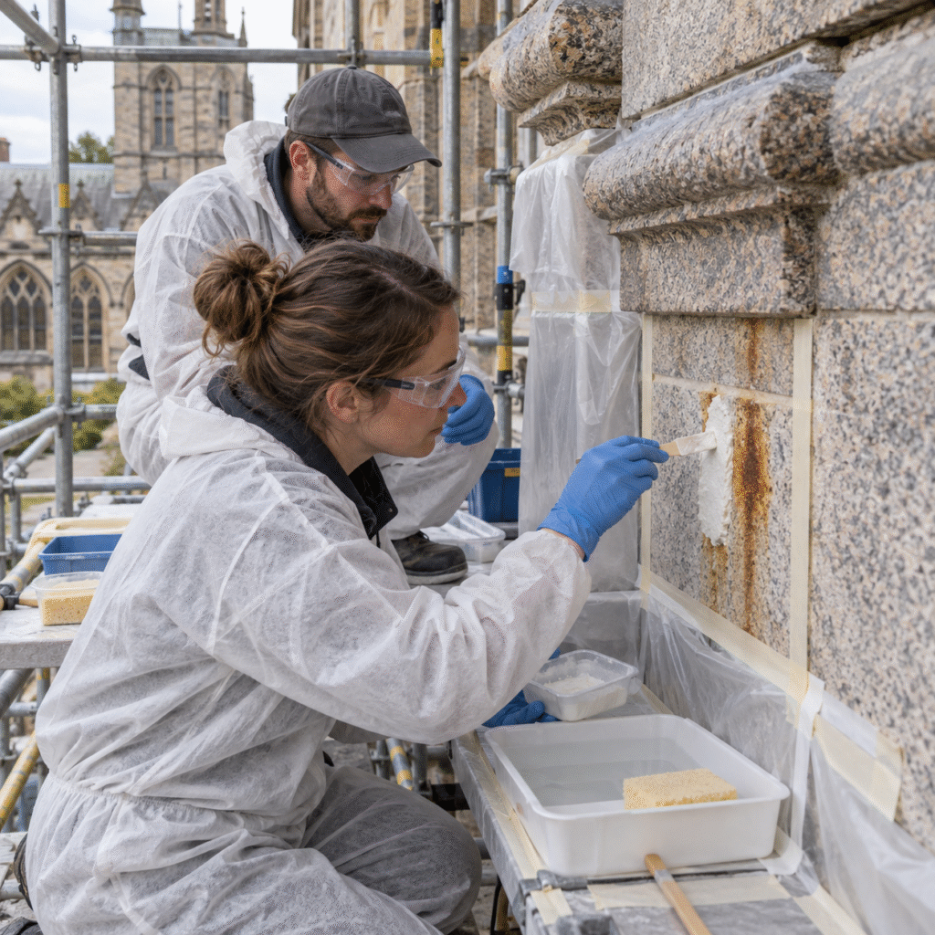 Conservation specialists inspecting iron staining on historic granite masonry