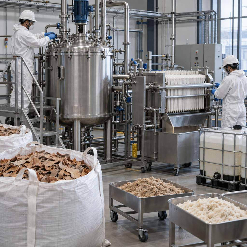 Closed leather waste dechroming pilot with oxalic acid reactor and filter press