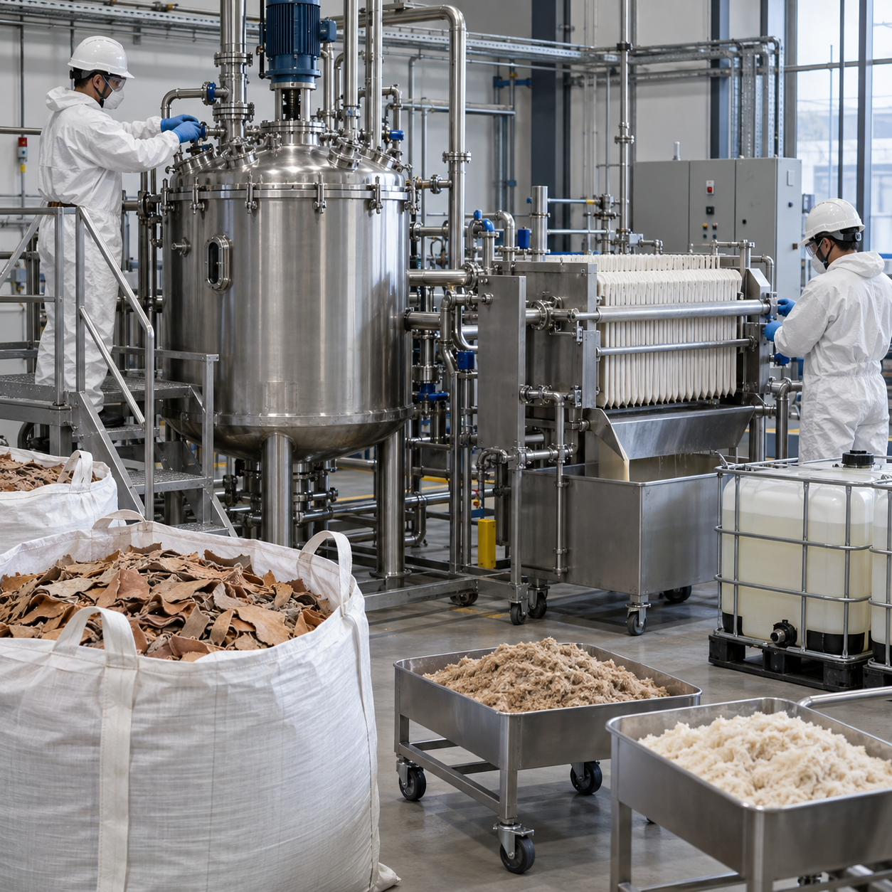 Closed leather waste dechroming pilot with oxalic acid reactor and filter press