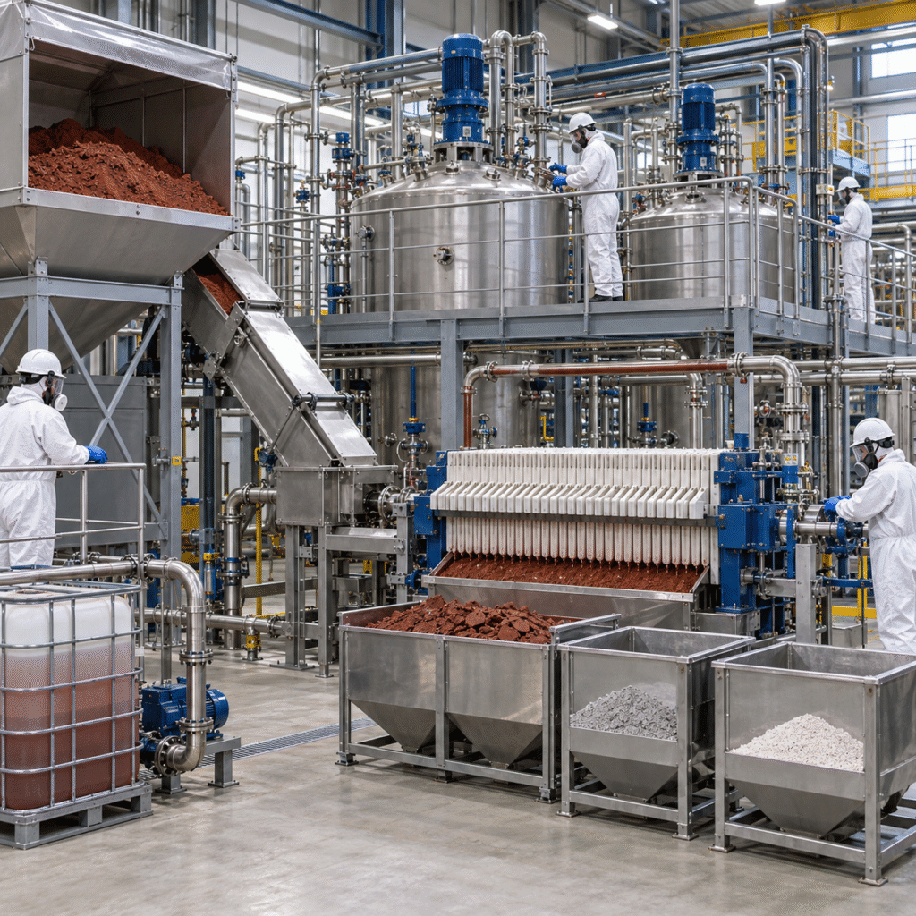 Contained red mud valorization pilot using oxalic acid reactors and filtration equipment