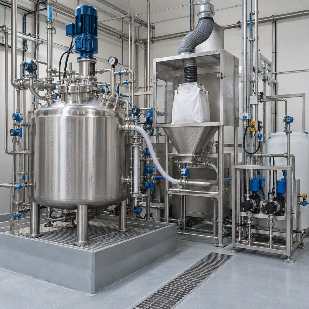 Closed oxalic acid solution preparation vessel with dust extraction and metering pump skid