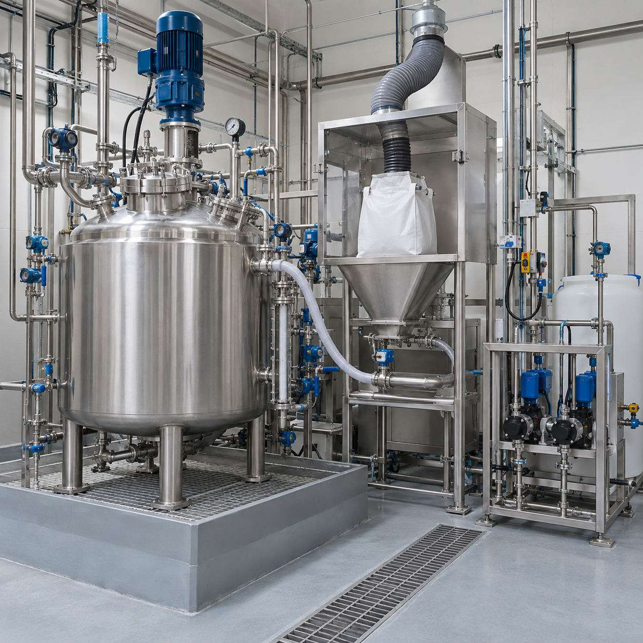 Closed oxalic acid solution preparation vessel with dust extraction and metering pump skid