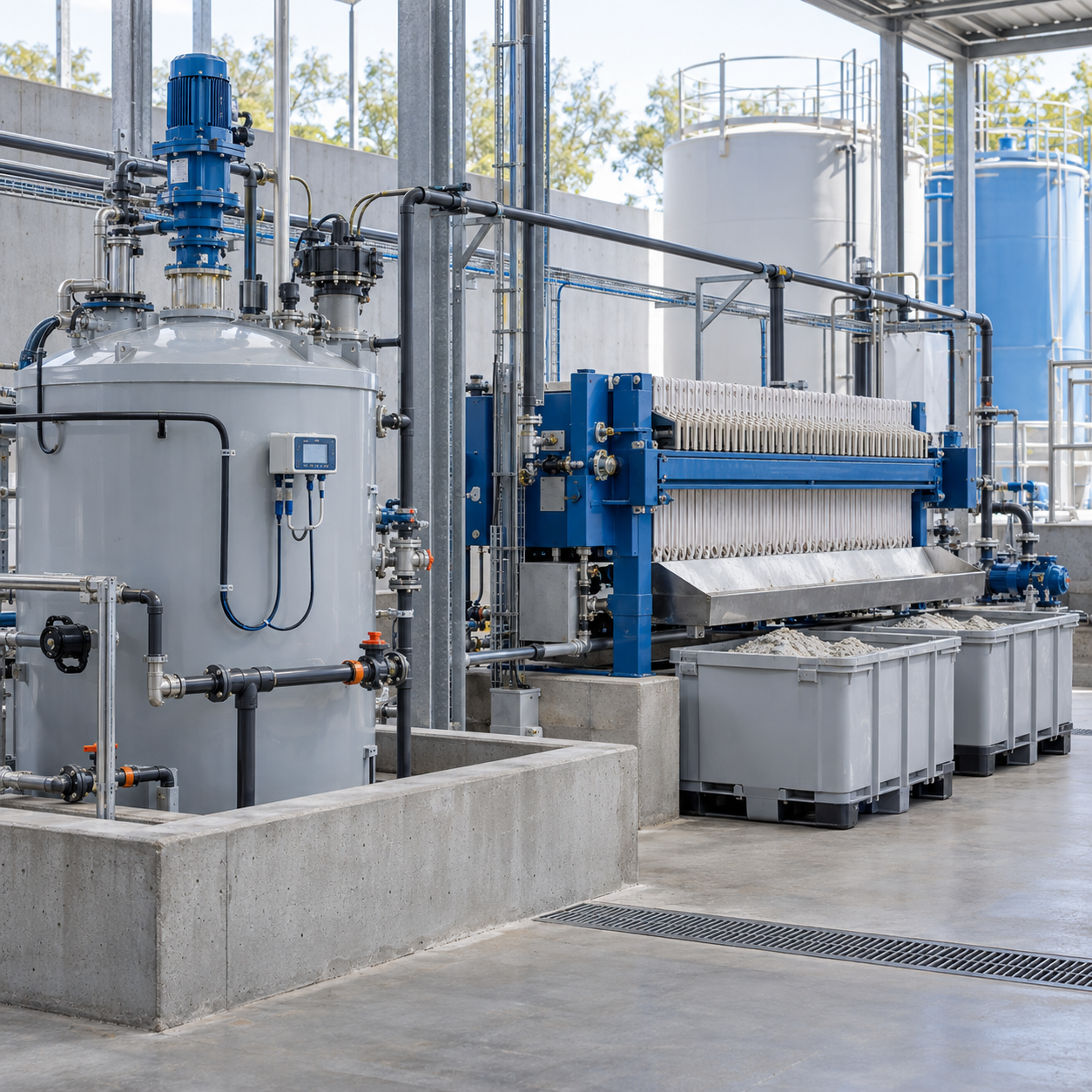 Contained neutralization tank and filter press treating oxalic acid bearing industrial wastewater