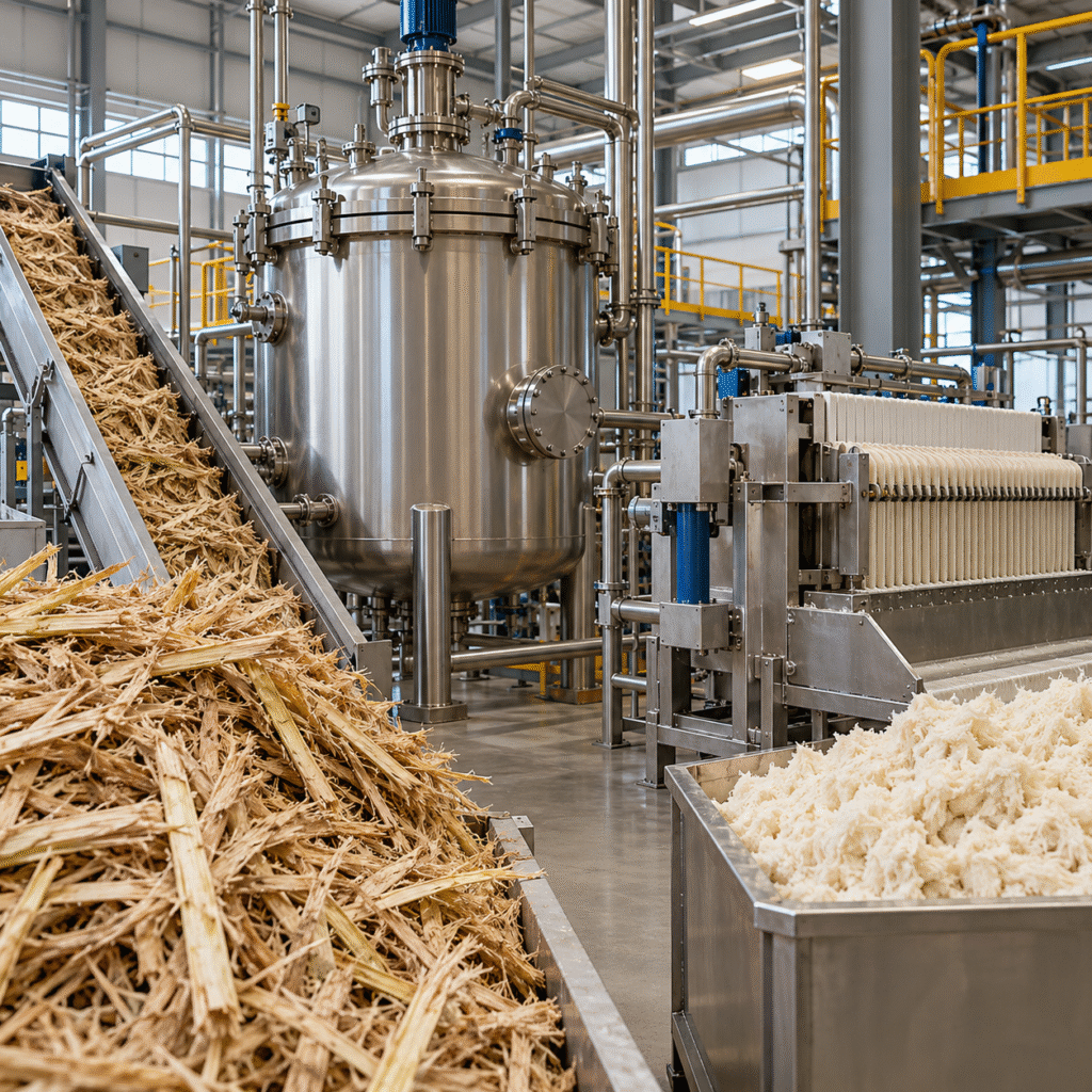 Industrial sugarcane bagasse pulping reactor and cellulose filtration line using formic acid