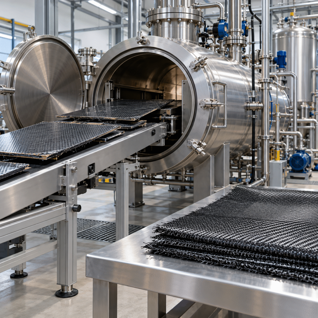 Closed solvent treatment system recovering carbon fiber fabric with formic acid