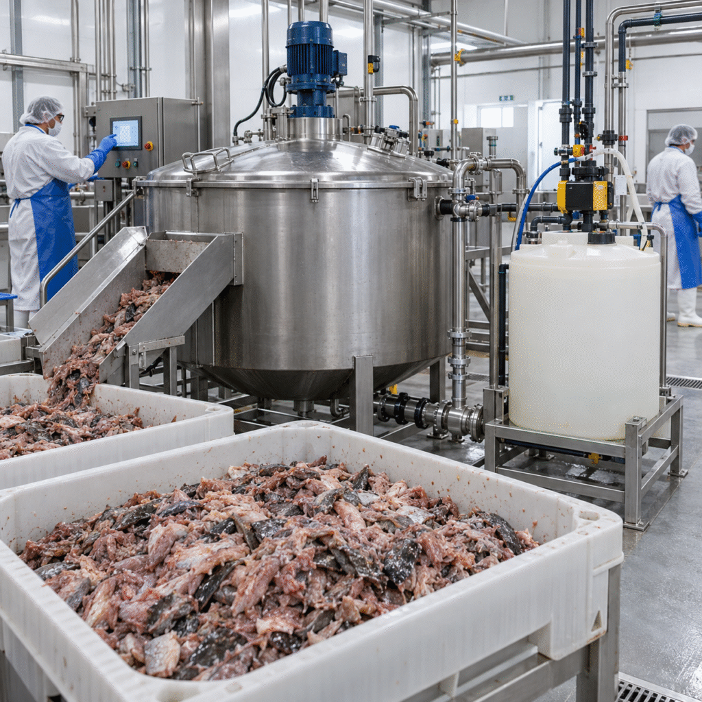 Closed formic acid dosing system beside an industrial fish silage mixing vessel