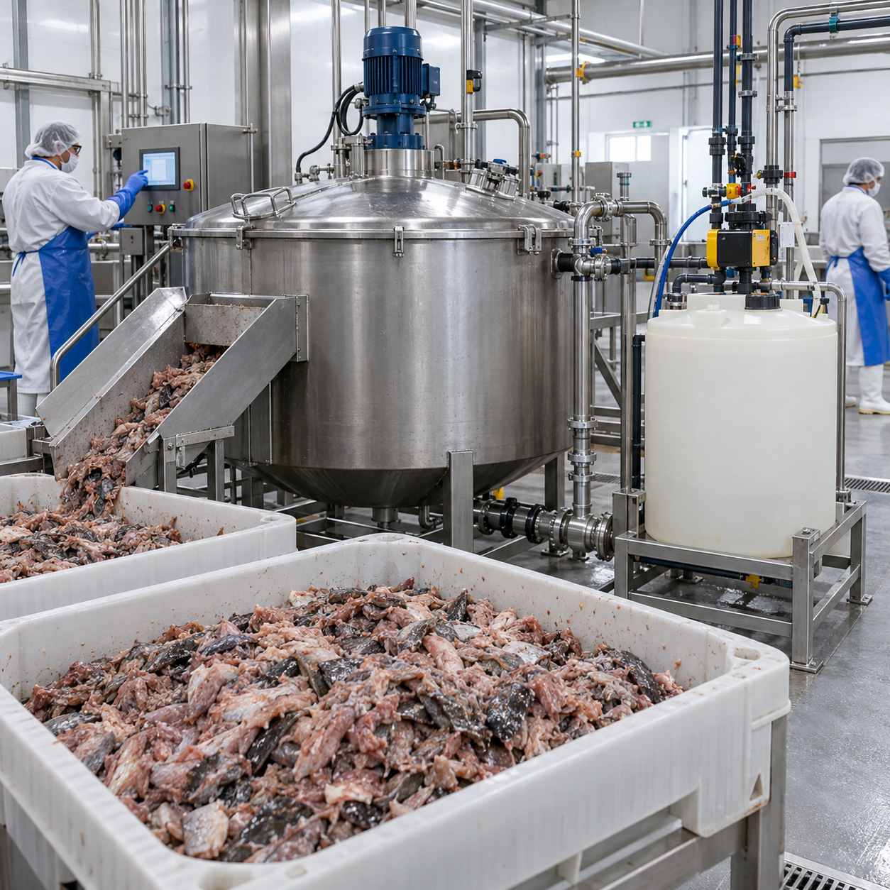 Closed formic acid dosing system beside an industrial fish silage mixing vessel