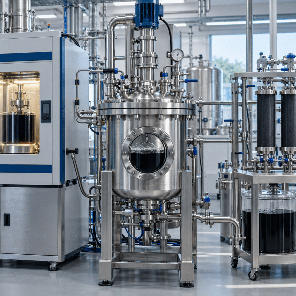 Closed advanced-materials pilot reactor reducing graphene oxide with formic acid