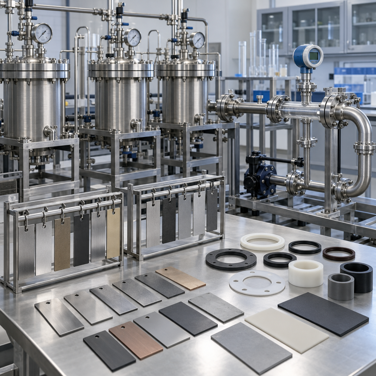 Formic acid compatibility laboratory with corrosion vessels metal coupons seals and pipe test loop