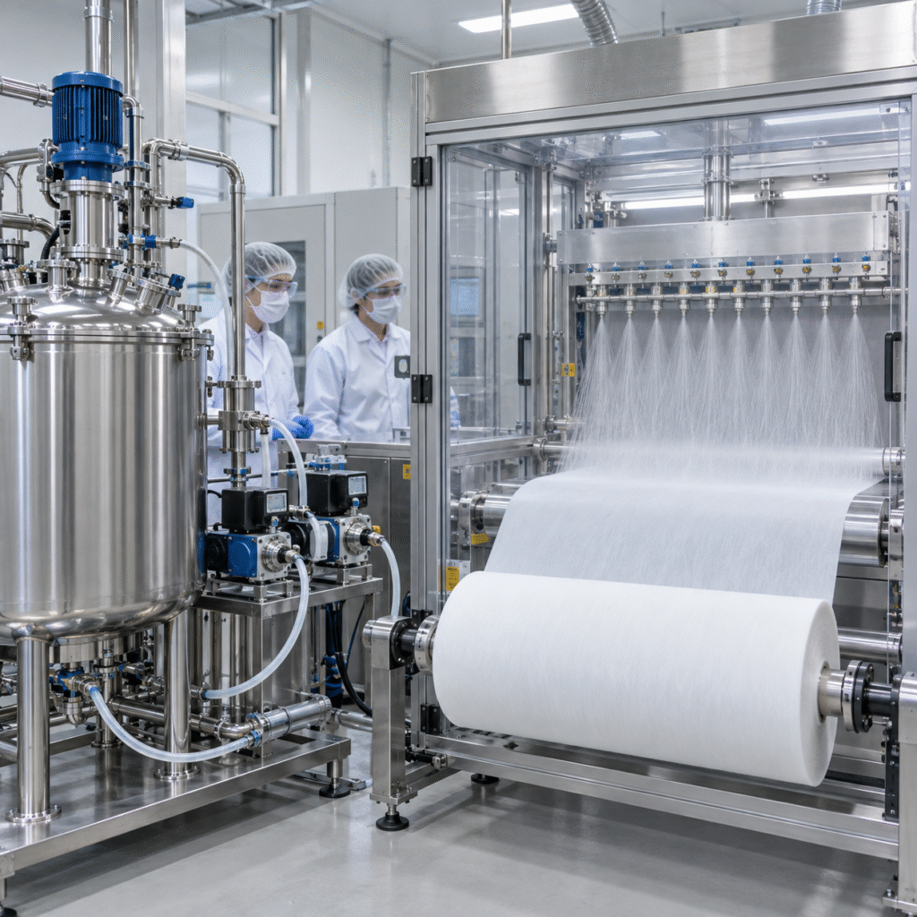 Enclosed polyamide nanofiber electrospinning line supplied by a closed formic acid mixing vessel