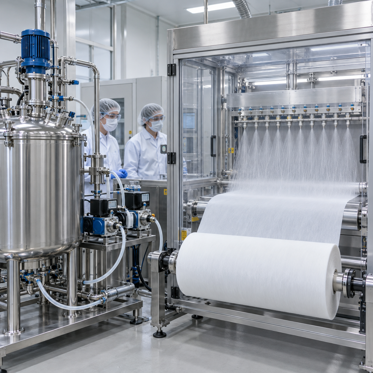 Enclosed polyamide nanofiber electrospinning line supplied by a closed formic acid mixing vessel