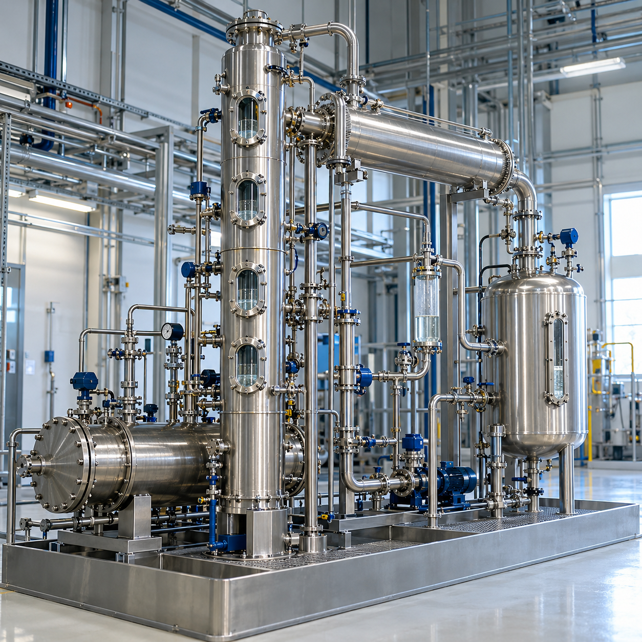 Closed stainless formic acid recovery and purification distillation pilot plant