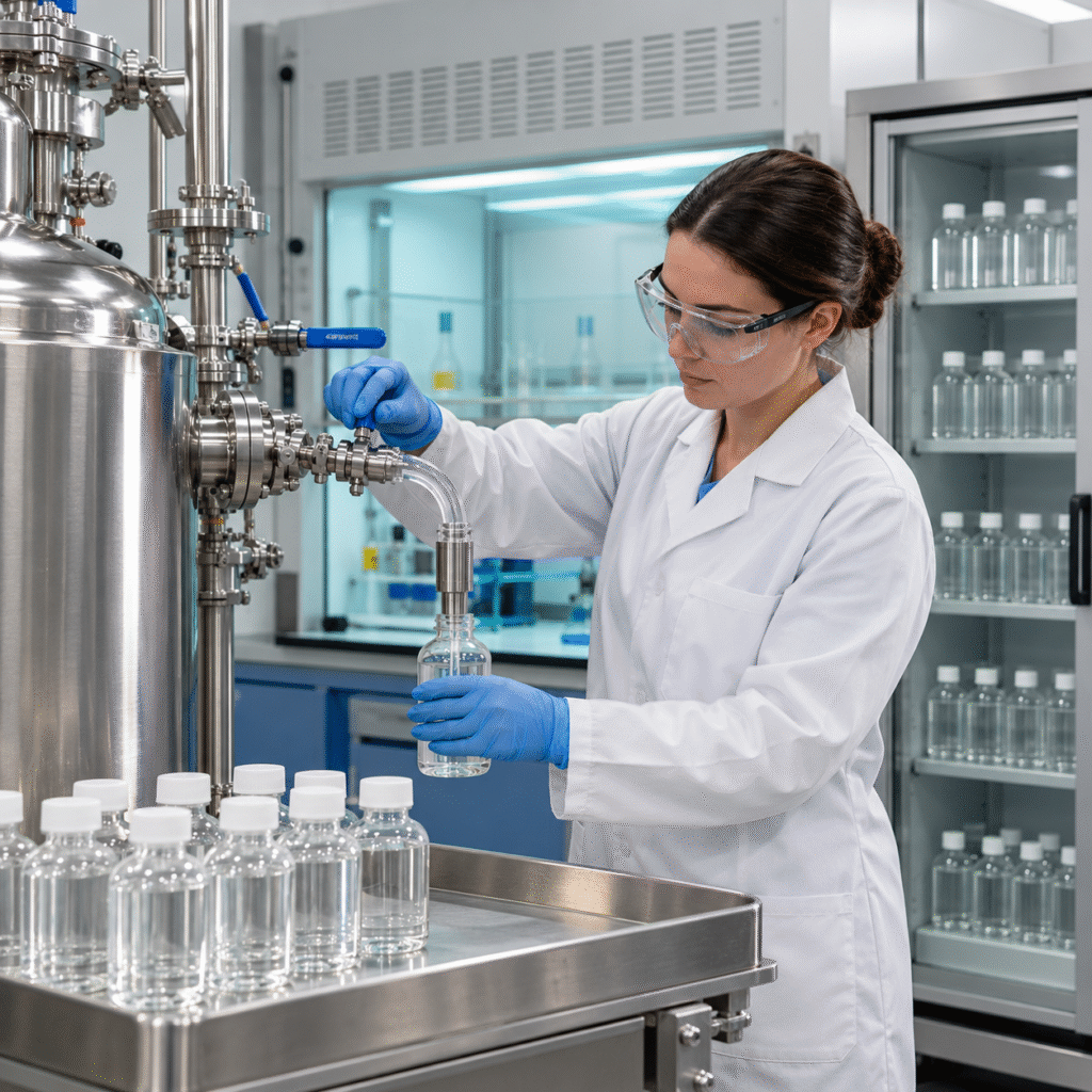 Quality control technician taking a closed representative formic acid sample for retention