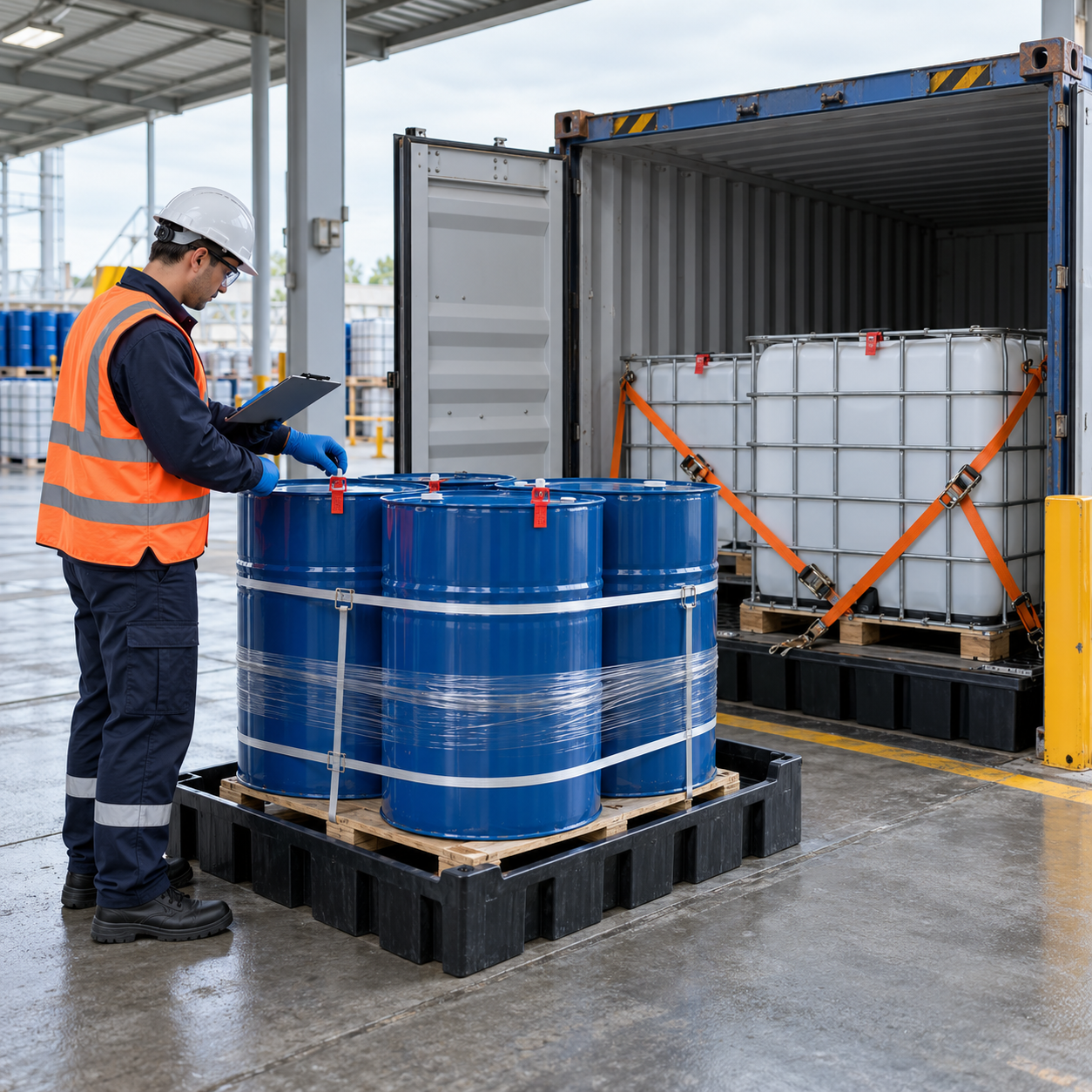 Formic acid export shipment inspection with secured drums IBC and shipping container