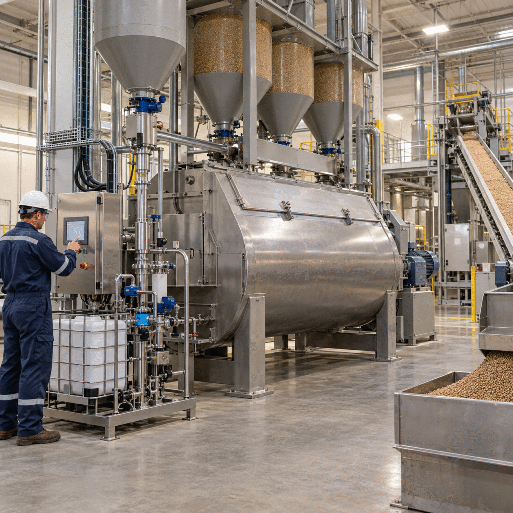 Enclosed formic acid metering skid beside a swine feed mixer in a modern feed mill