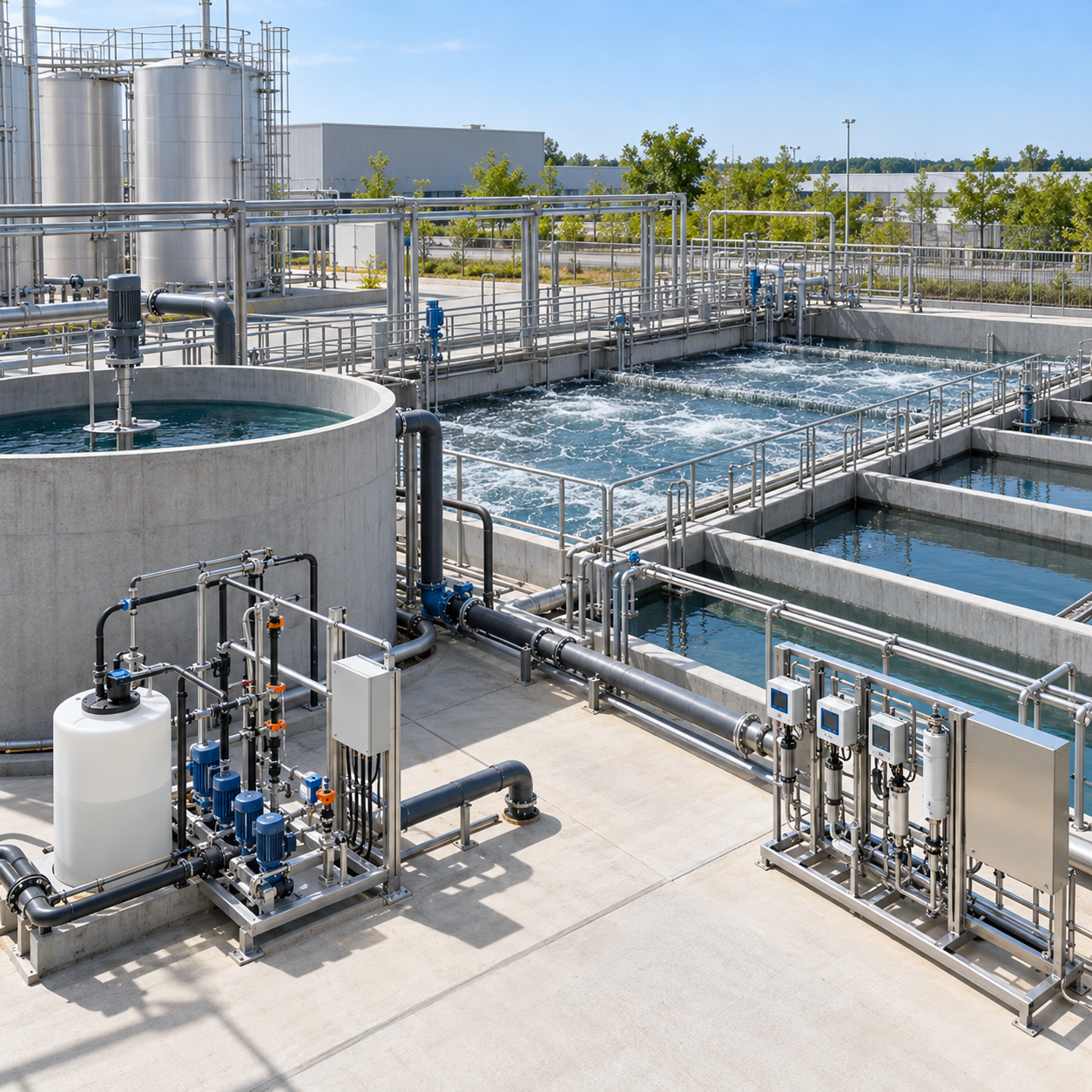 Industrial biological wastewater plant with equalization and controlled formic acid load metering