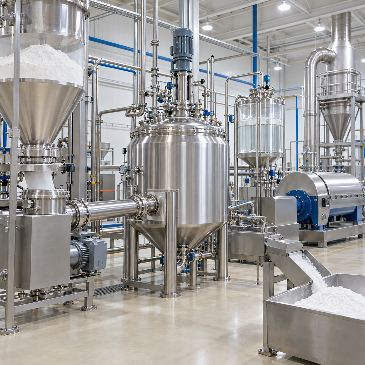 Closed acetylated starch manufacturing line with powder handling and glacial acetic acid reagent feed