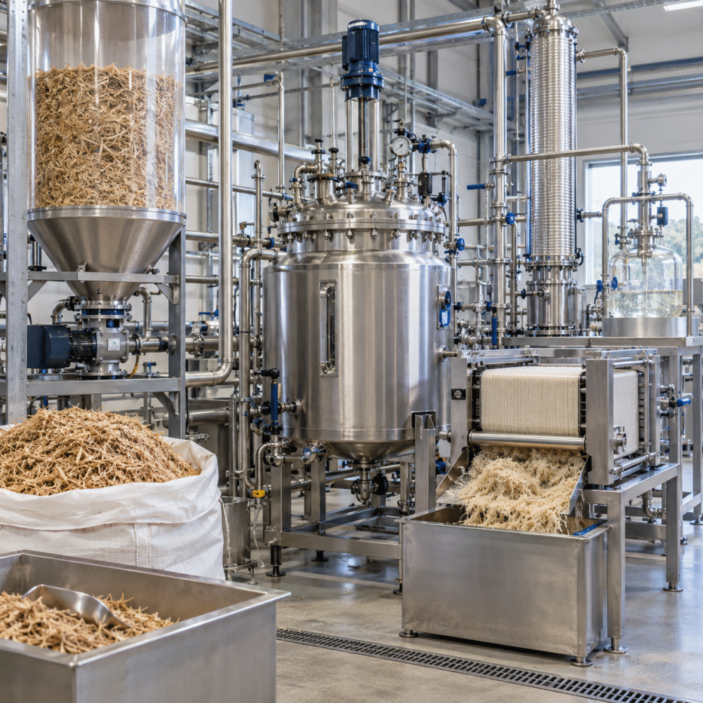 Biorefinery pilot pretreating lignocellulosic biomass with glacial acetic acid and solvent recovery