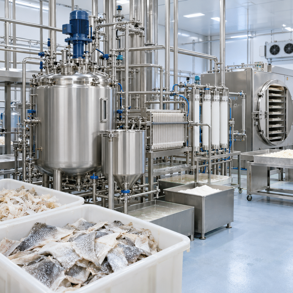 Closed chilled marine collagen extraction line using diluted glacial acetic acid