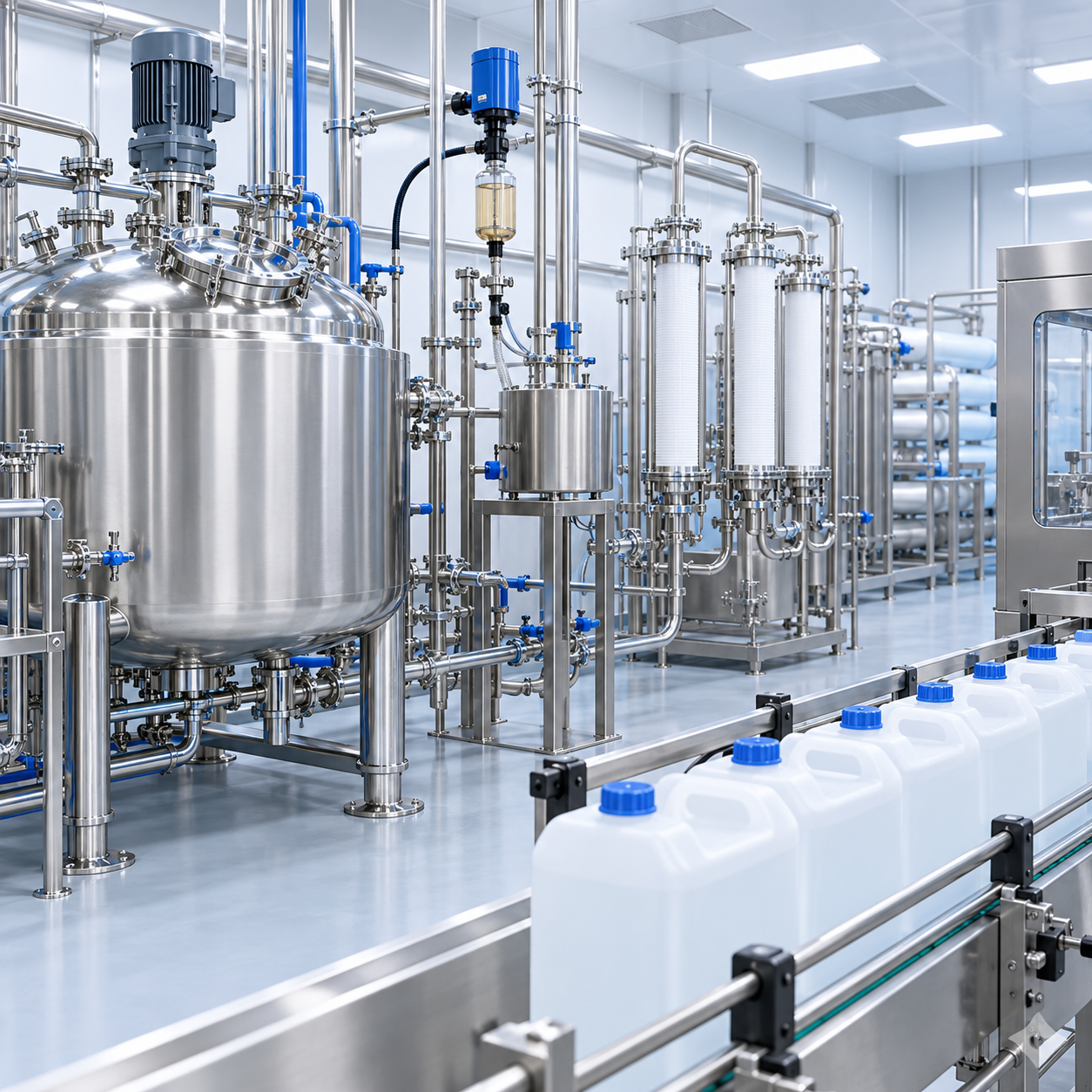 Clean hemodialysis acid concentrate production line with glacial acetic acid metering and sterile filtration