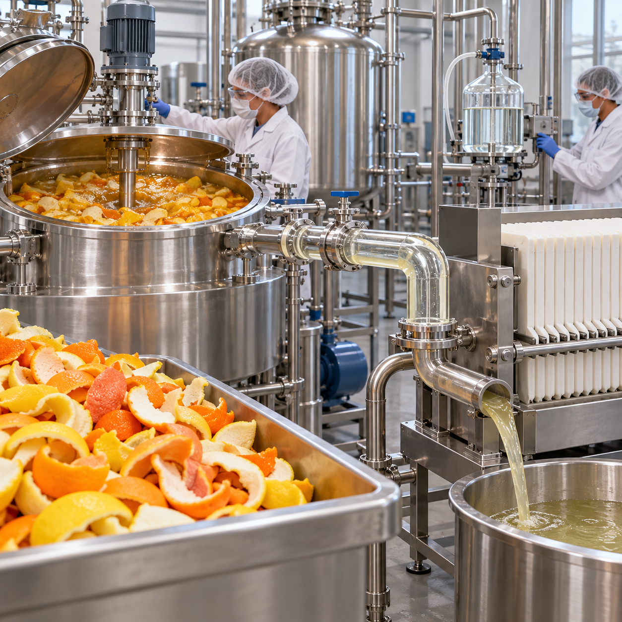 Food ingredient pectin extraction plant with fruit rind stainless vessels filtration and acid metering