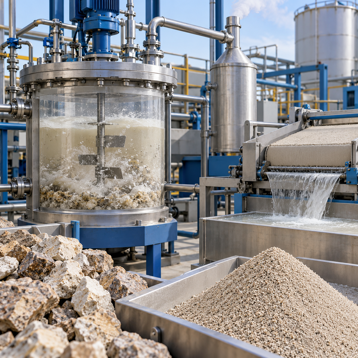 Phosphate ore beneficiation pilot with glacial acetic acid leaching and solid liquid separation