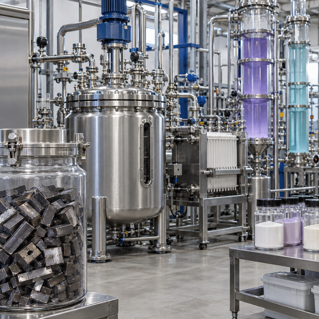 Rare earth magnet recycling pilot using glacial acetic acid leaching filtration and separation