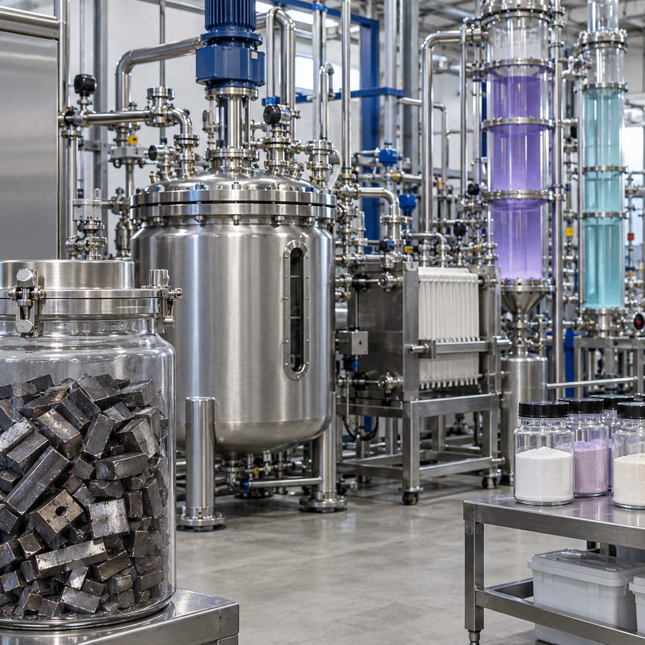 Rare earth magnet recycling pilot using glacial acetic acid leaching filtration and separation