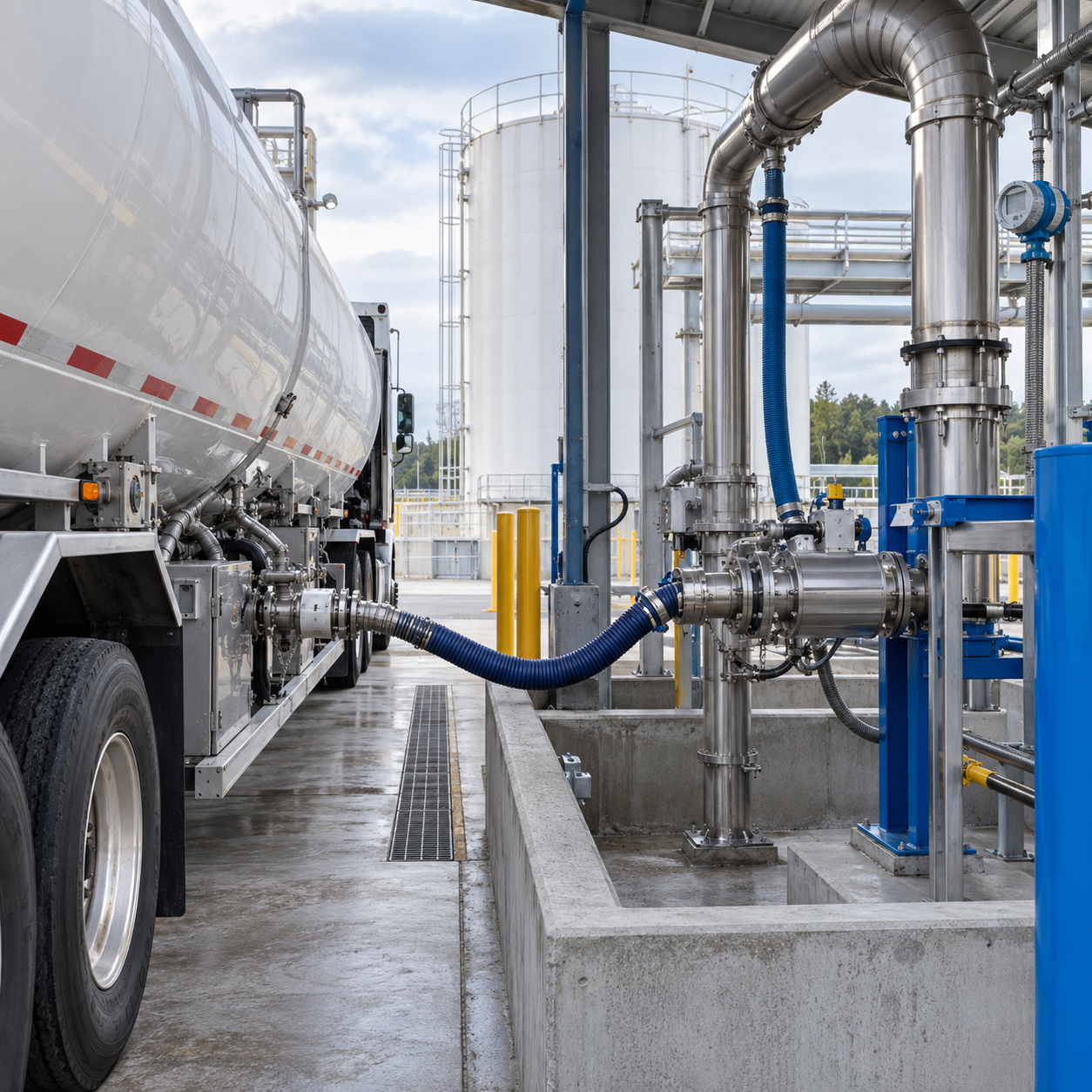 Bulk glacial acetic acid unloading station with closed transfer connection vapor return and secondary containment