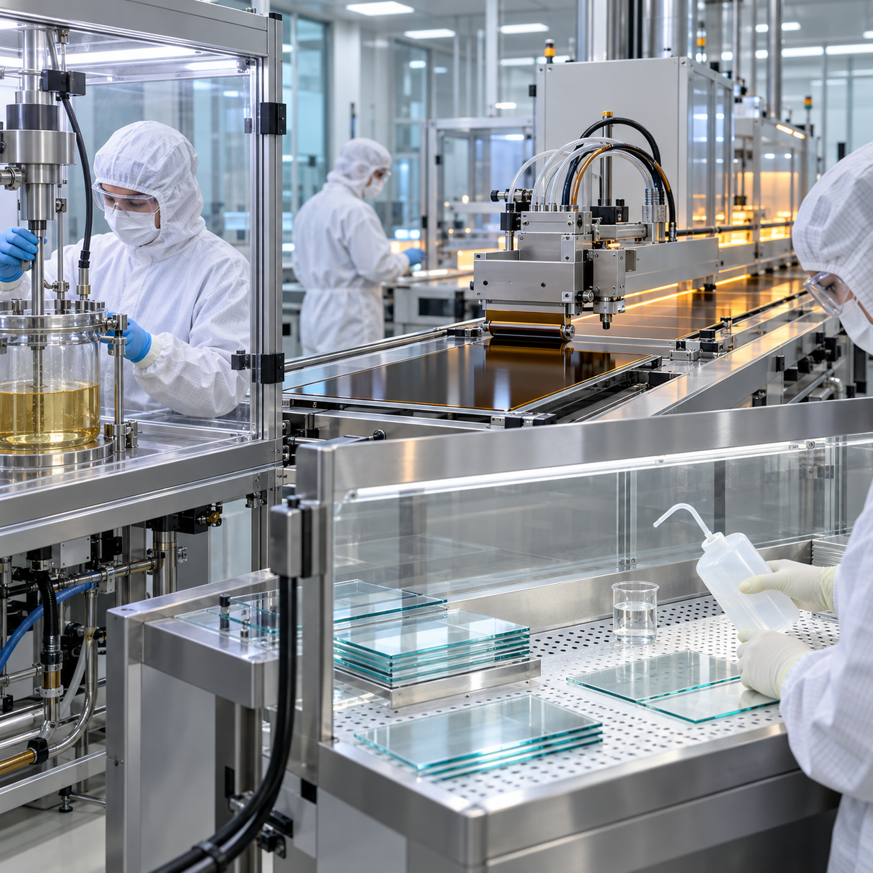 Perovskite solar cell pilot coating line with high purity acetic acid dispensing in a cleanroom