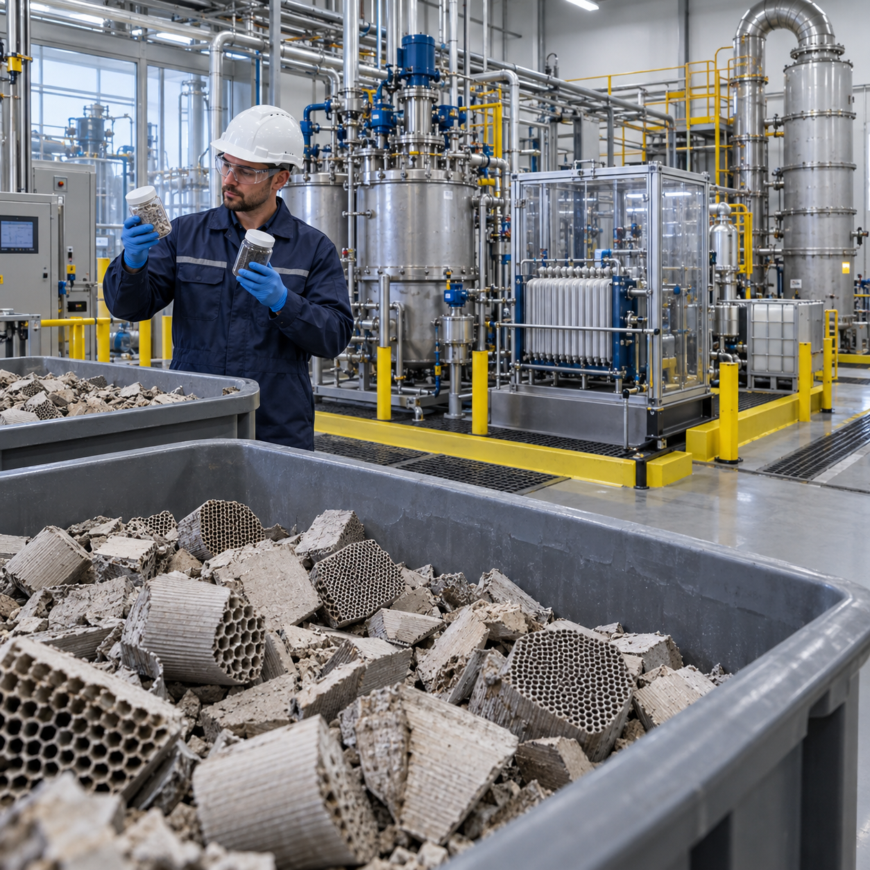 Spent automotive catalyst PGM recovery pilot with hydrochloric acid reactors and filtration