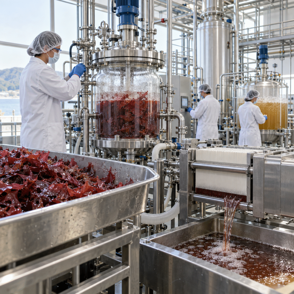 Red macroalgae hydrolysis pilot producing sugar feedstock with hydrochloric acid