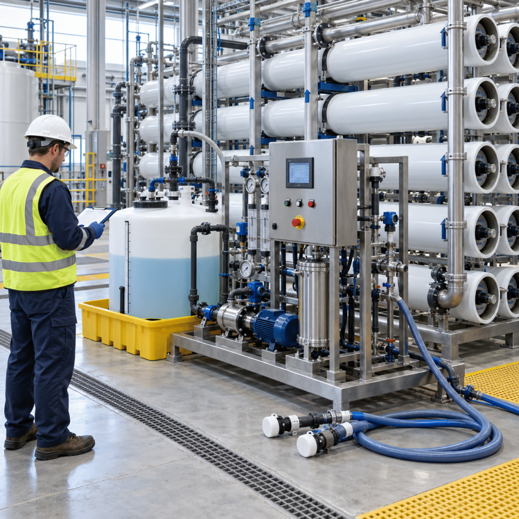 Reverse osmosis membrane plant with closed hydrochloric acid clean-in-place skid