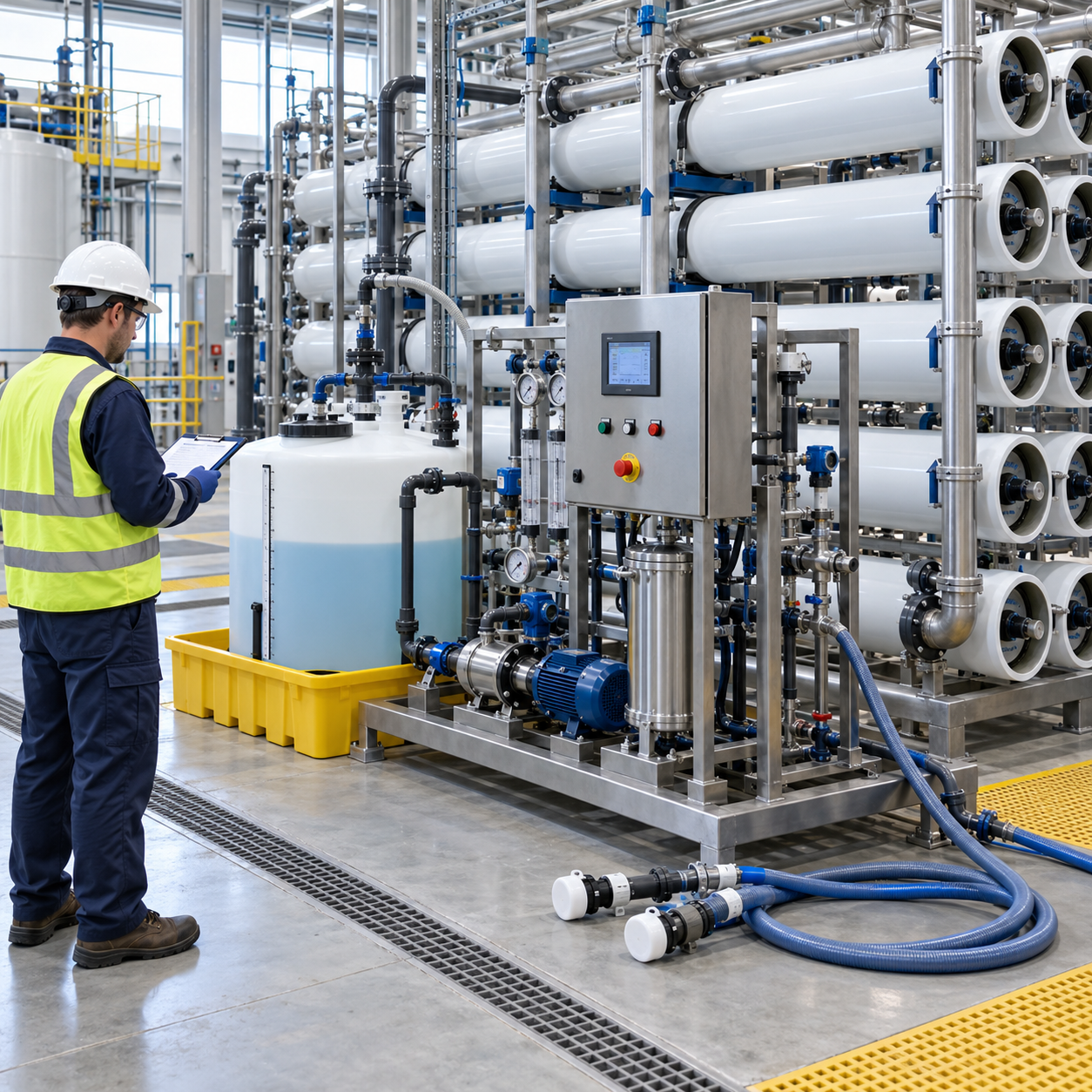 Reverse osmosis membrane plant with closed hydrochloric acid clean-in-place skid