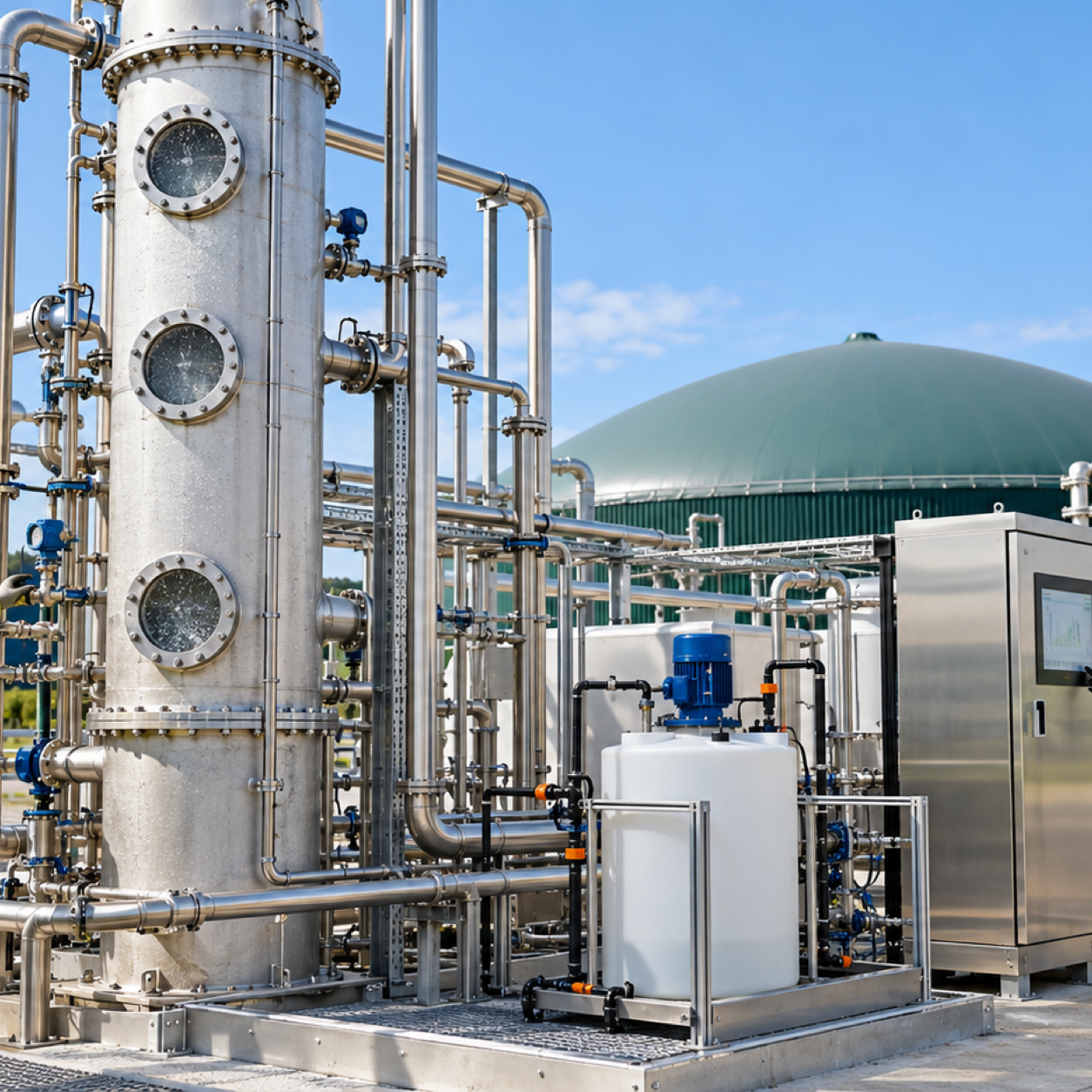 Biogas upgrading scrubber with sealed hydrogen peroxide dosing and process monitoring system