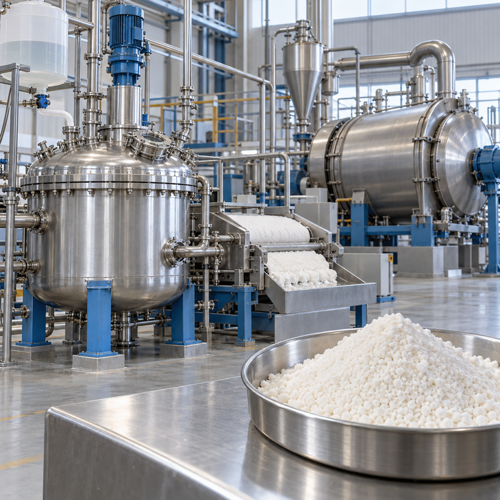 Calcium peroxide production line with hydrogen peroxide feed precipitation filtration and drying