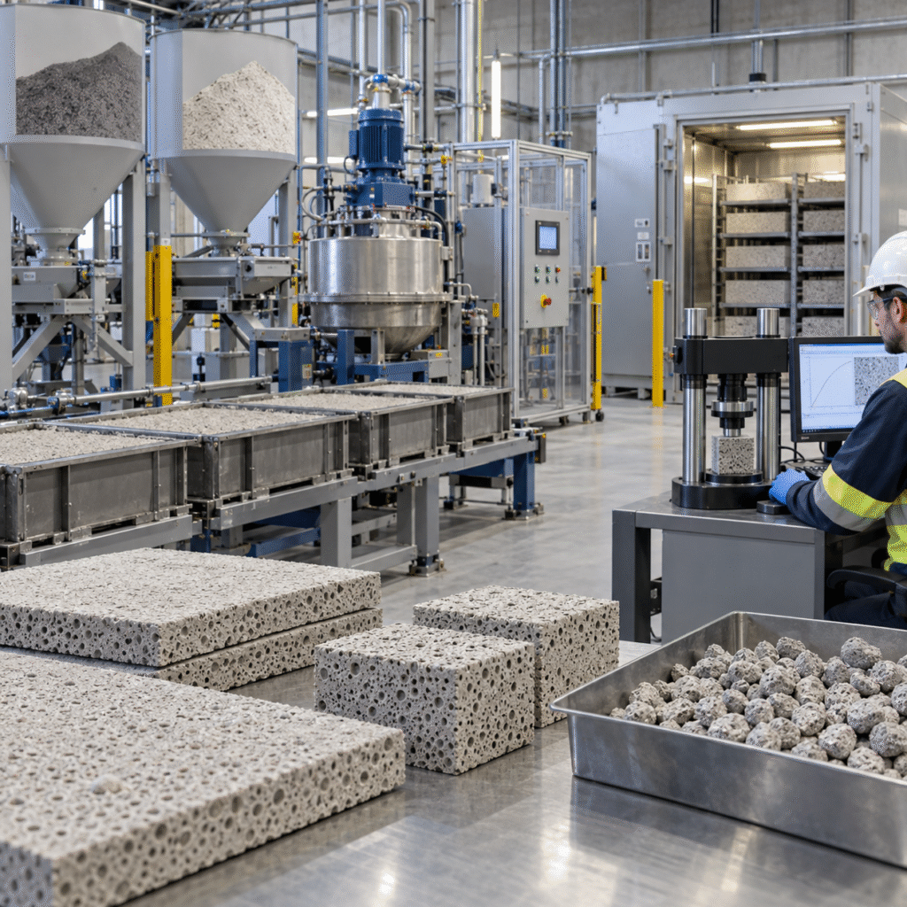 Lightweight geopolymer panel production line using controlled hydrogen peroxide foaming