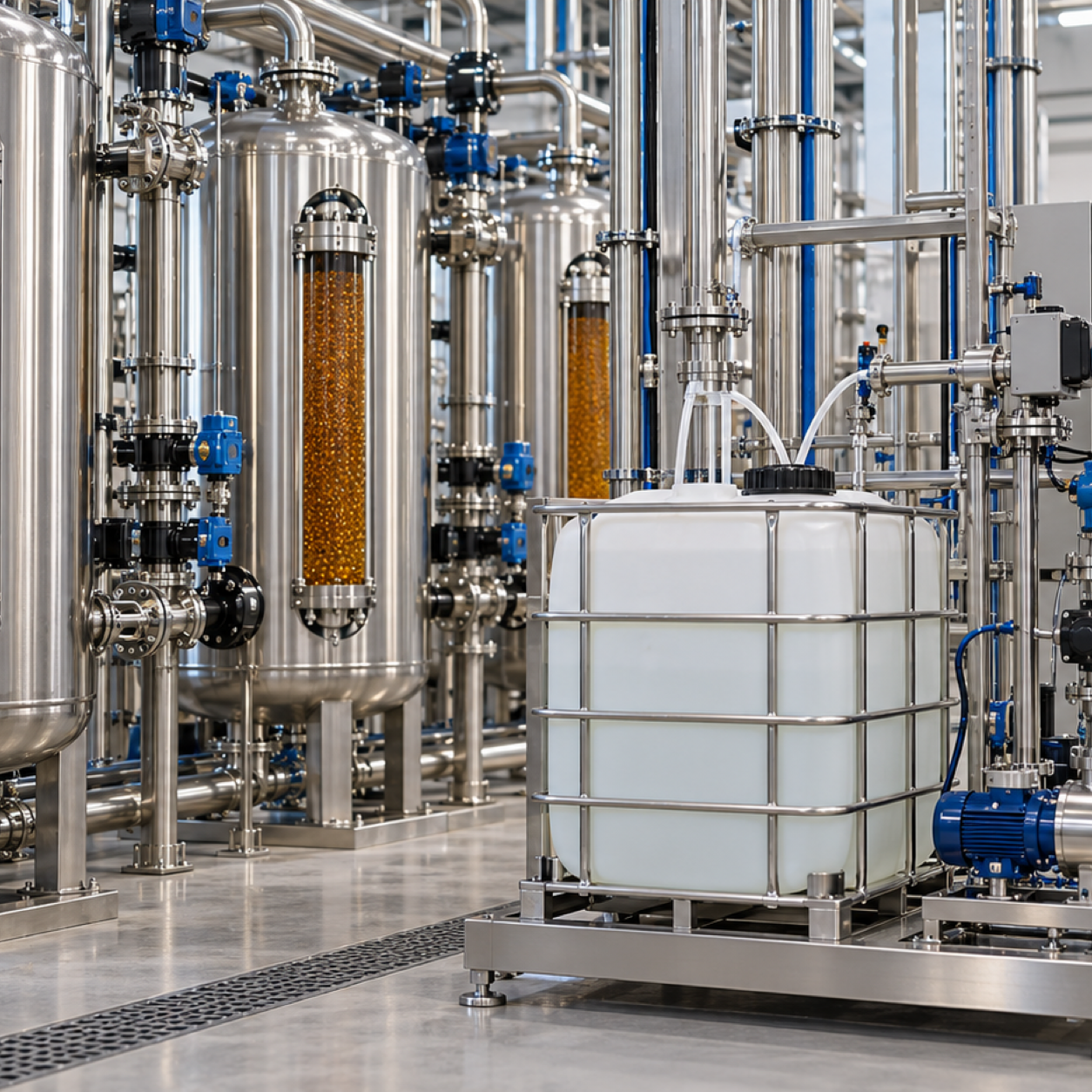 Ion exchange columns with amber resin beds and sealed hydrogen peroxide metering system