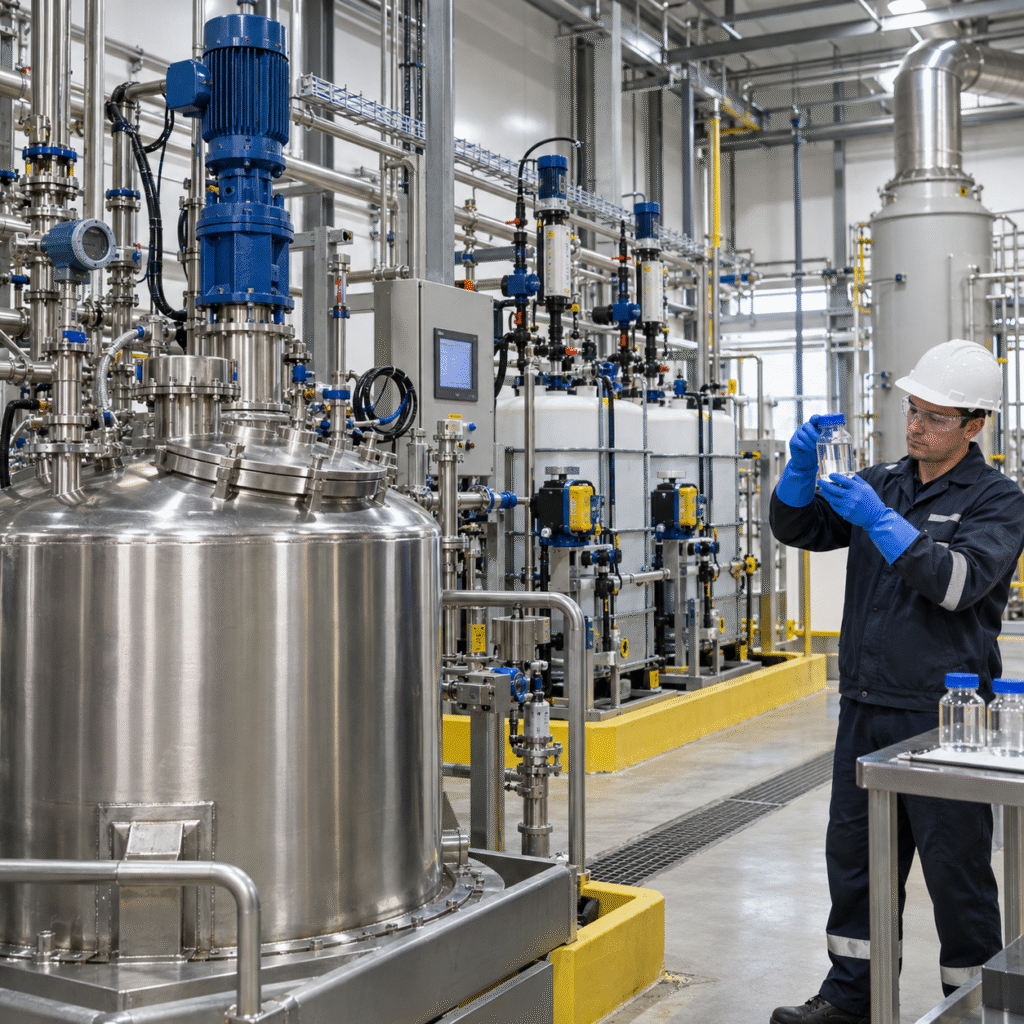 Closed peracetic acid production line with controlled hydrogen peroxide dosing and analysis