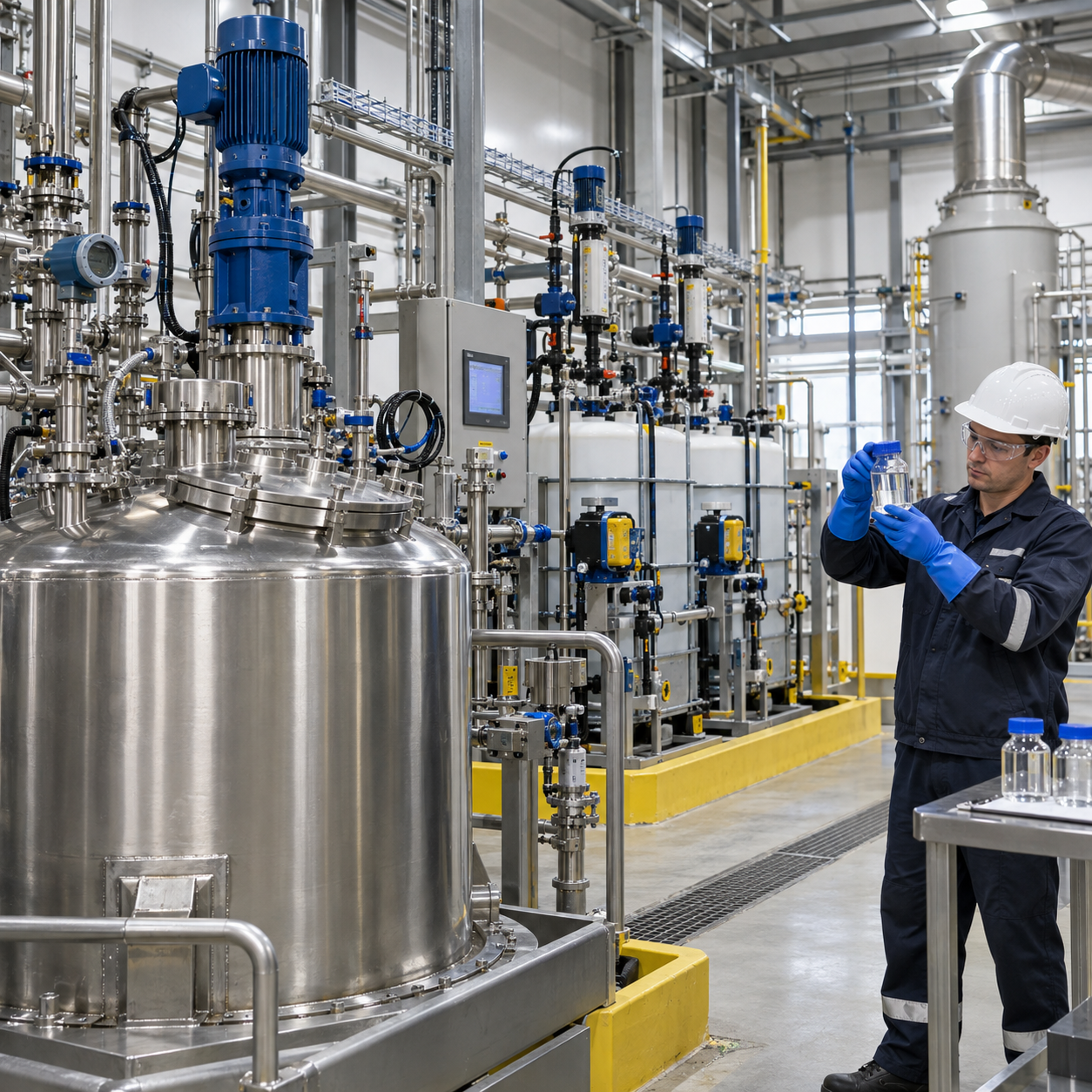 Closed peracetic acid production line with controlled hydrogen peroxide dosing and analysis