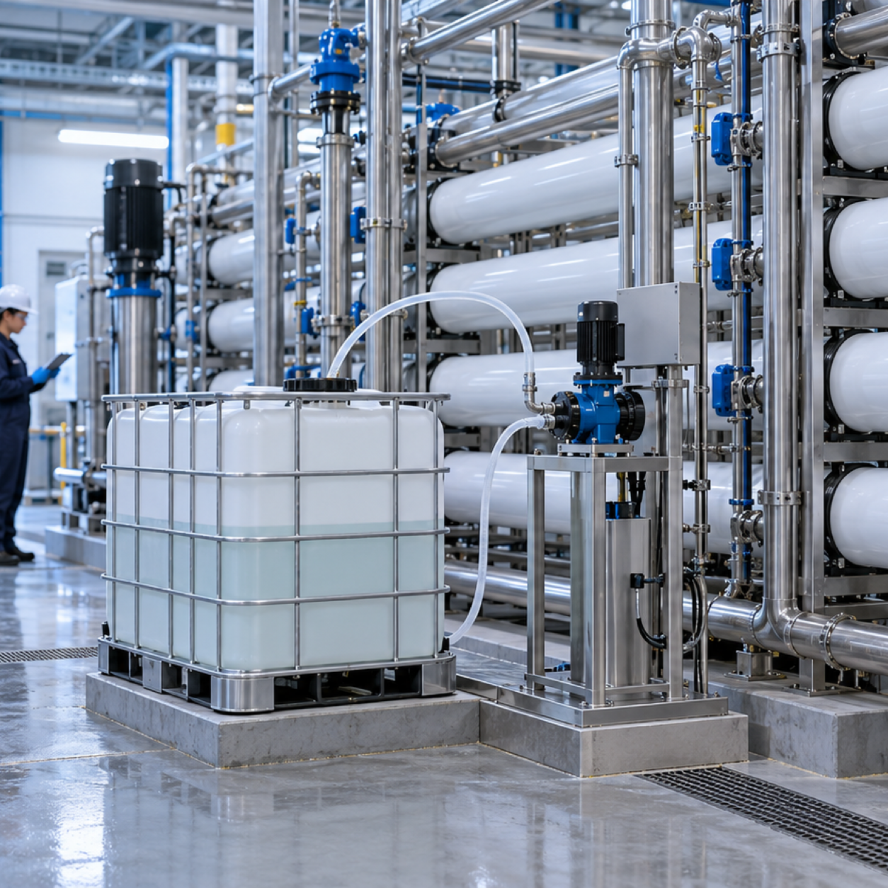 Reverse osmosis membrane system with sealed hydrogen peroxide dosing tote and metering pump