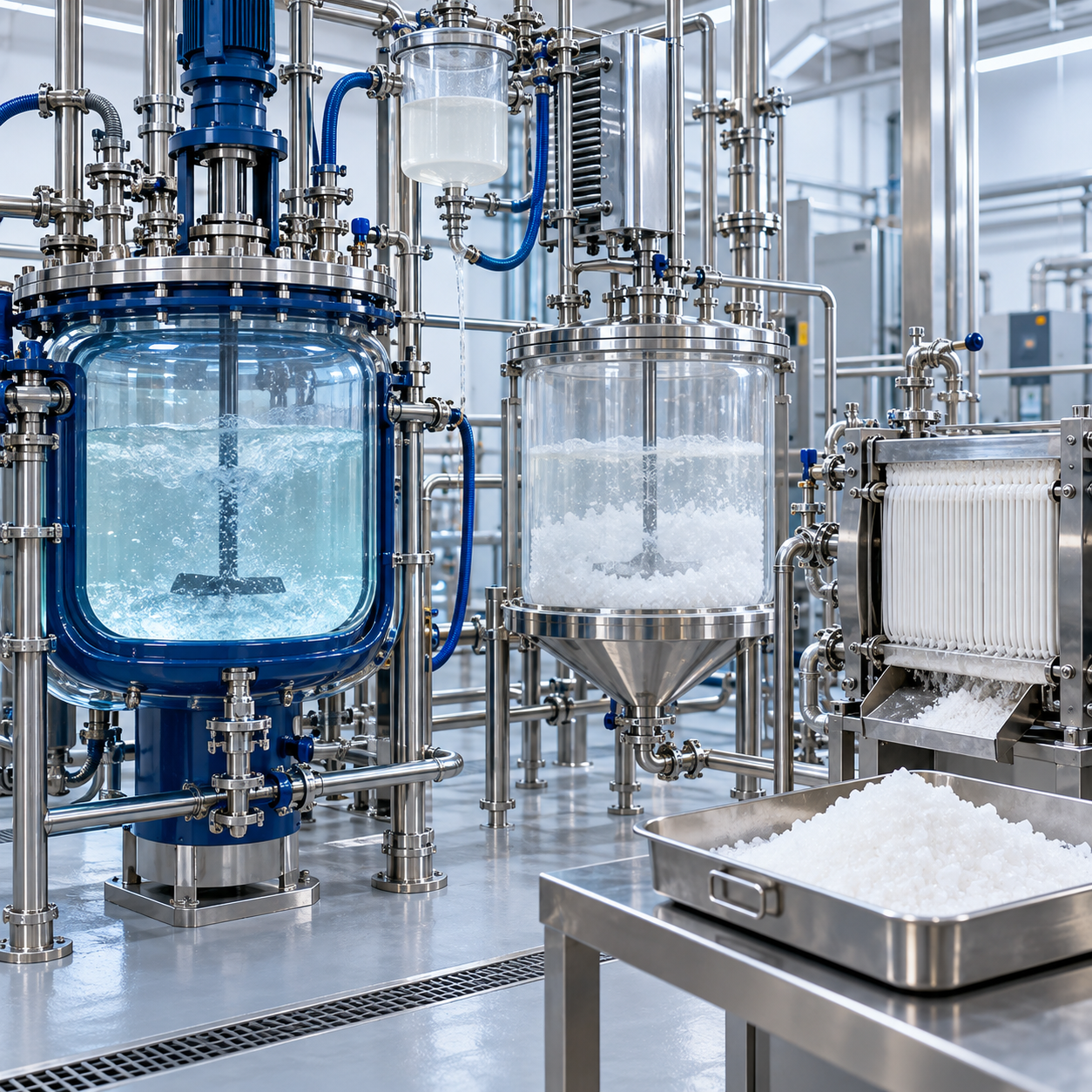 Jacketed thiourea dioxide production line with hydrogen peroxide dosing crystallization and filtration