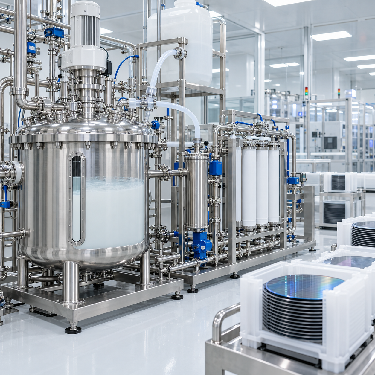 High-purity tungsten CMP slurry line with hydrogen peroxide dosing filtration and wafer carriers
