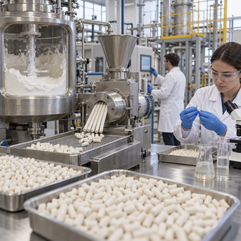 Alumina catalyst support pilot using nitric acid peptization and extrusion